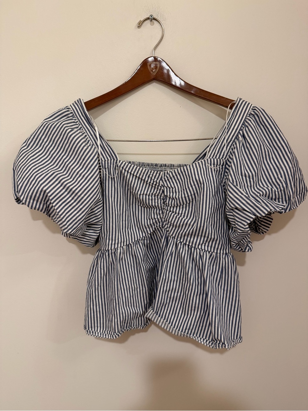 Old Navy Navy and White Striped Puff-Sleeve Peplum Blouse Size S